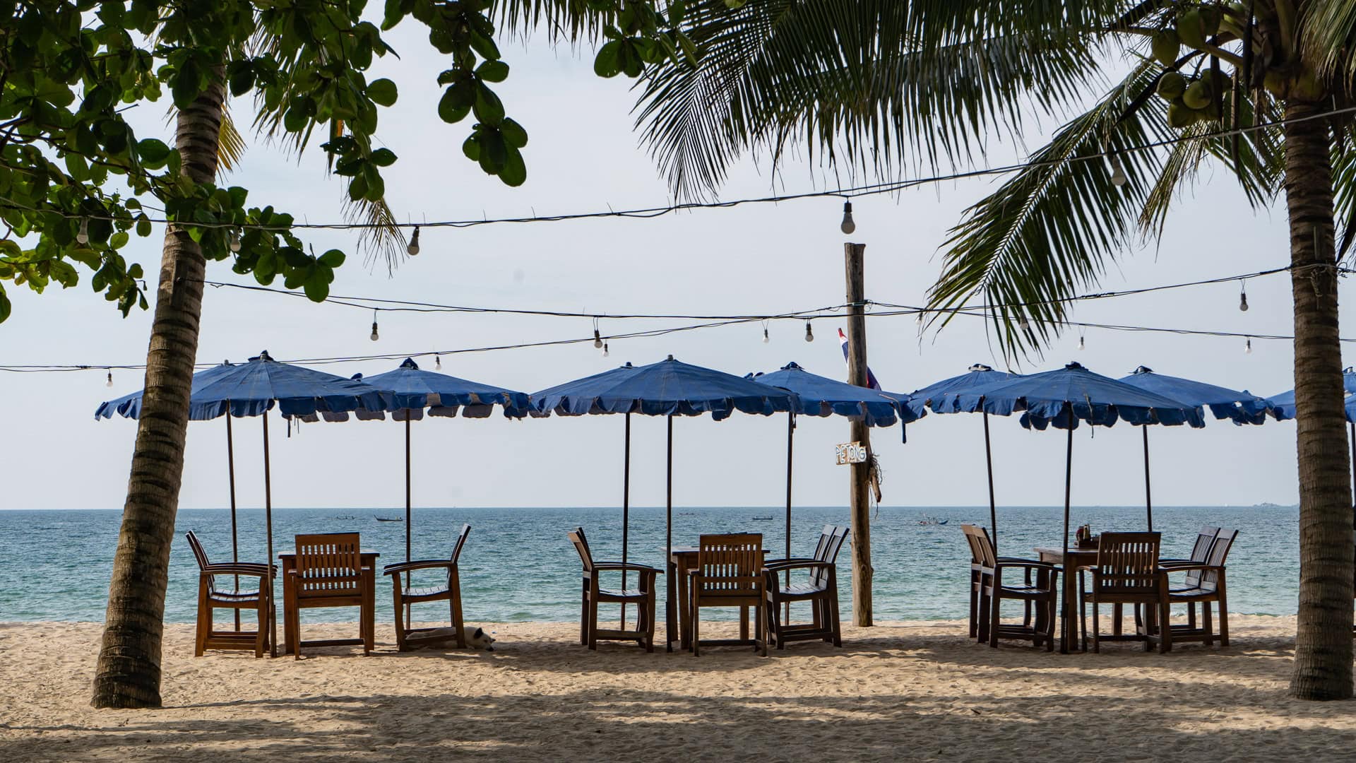 Beachfront dining tables with blue umbrellas facing the Andaman Sea.
