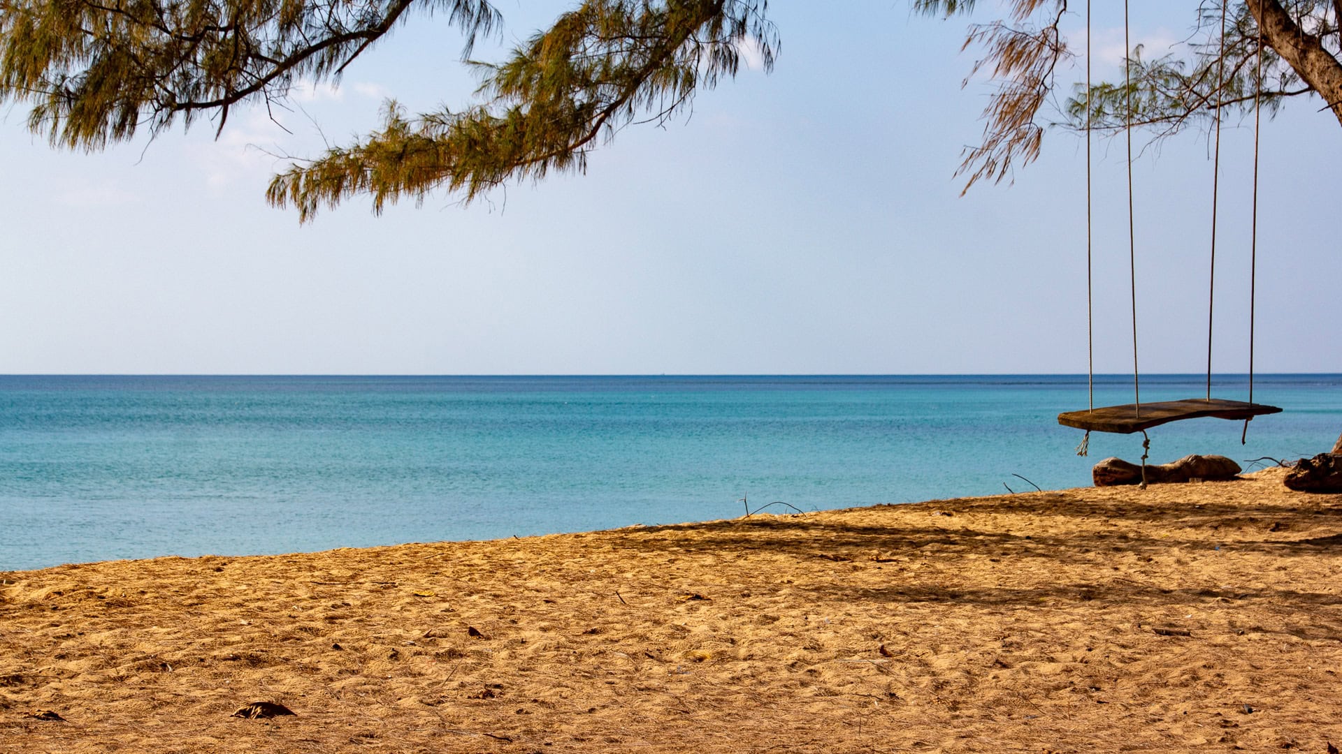 Sai Kaew Beach Phuket with a wooden swing hanging from a Casuarina tree facing the Andaman Sea.