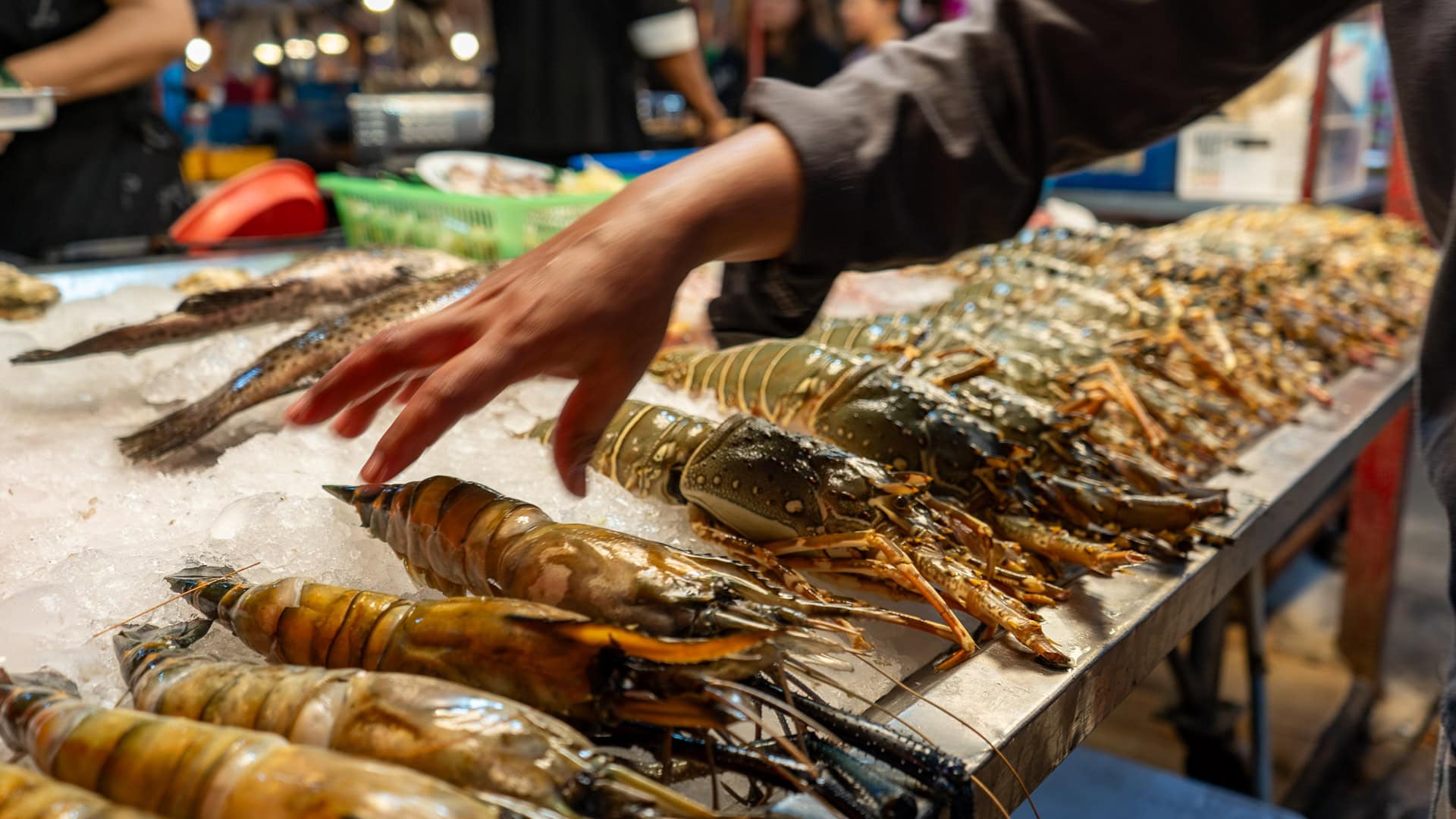 Chillva Market Phuket seafood counter with lobster, prawns, and fish displayed on ice as a hand reaches to select items.