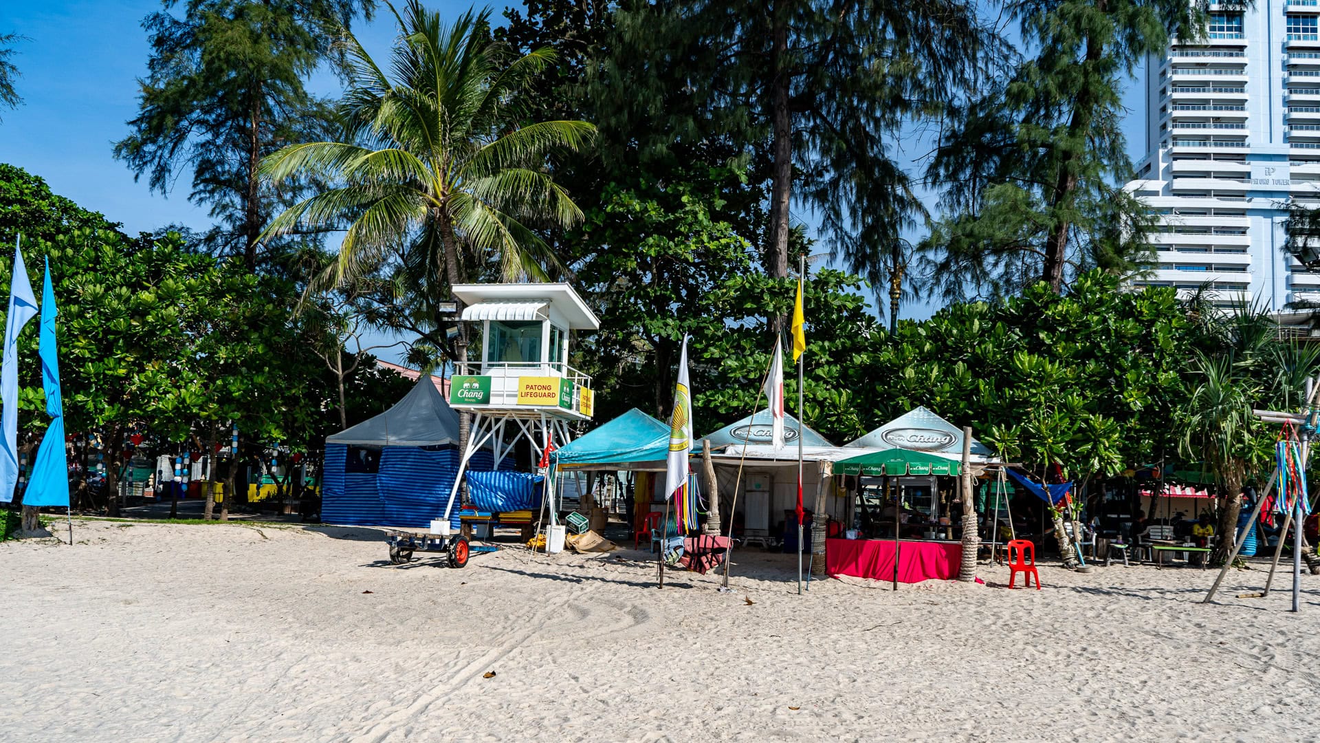 Patong Beach Phuket lifeguard tower and beach service tents