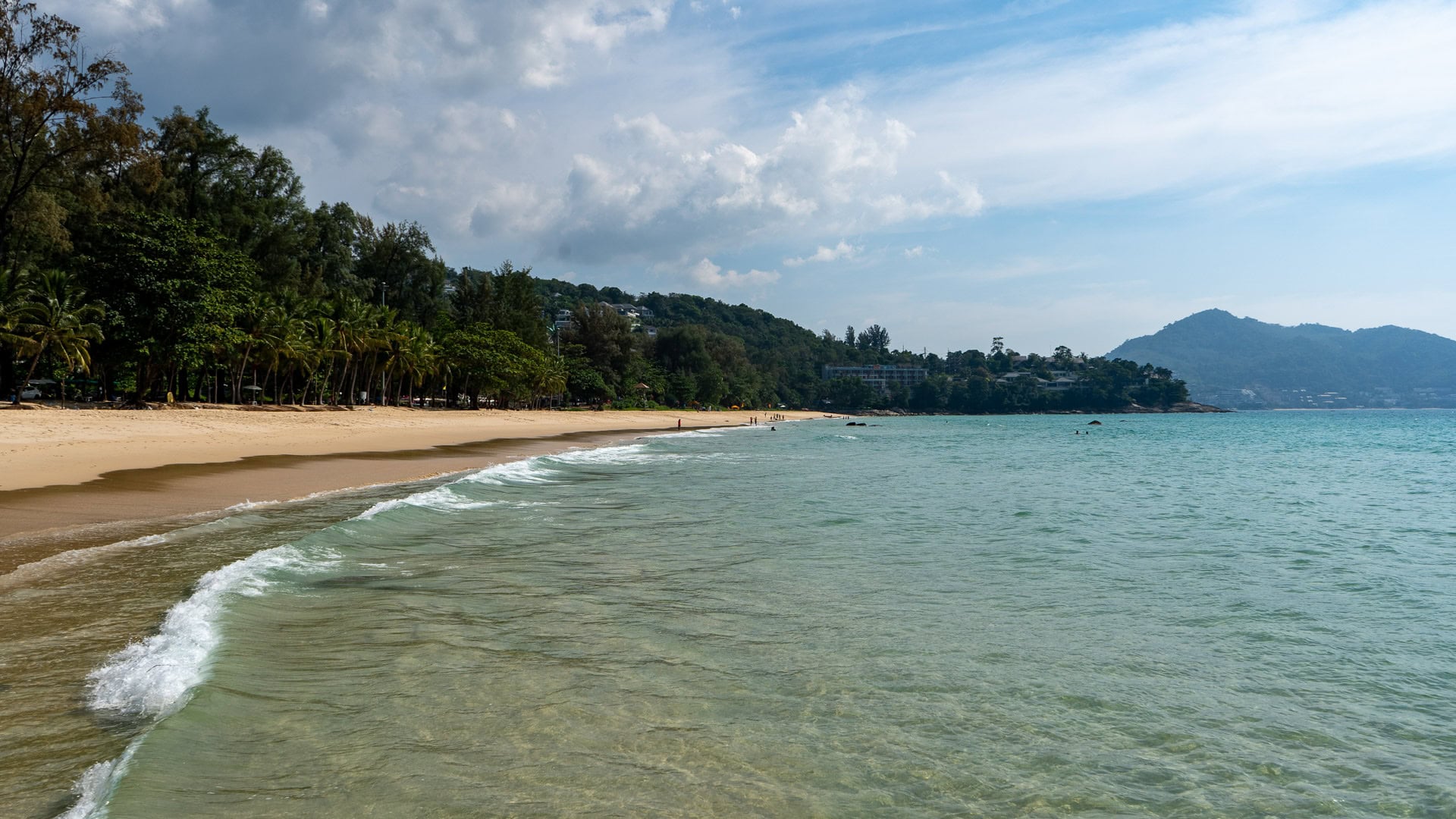South-end beach segment with palms and light surf under cloudy sky.
