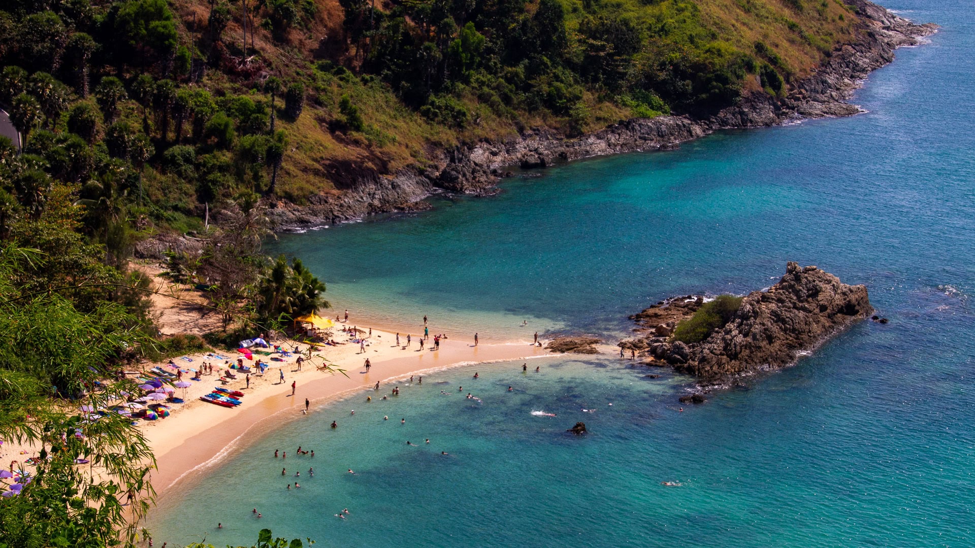 Yanui Beach Phuket aerial view of small twin cove with central rock formation